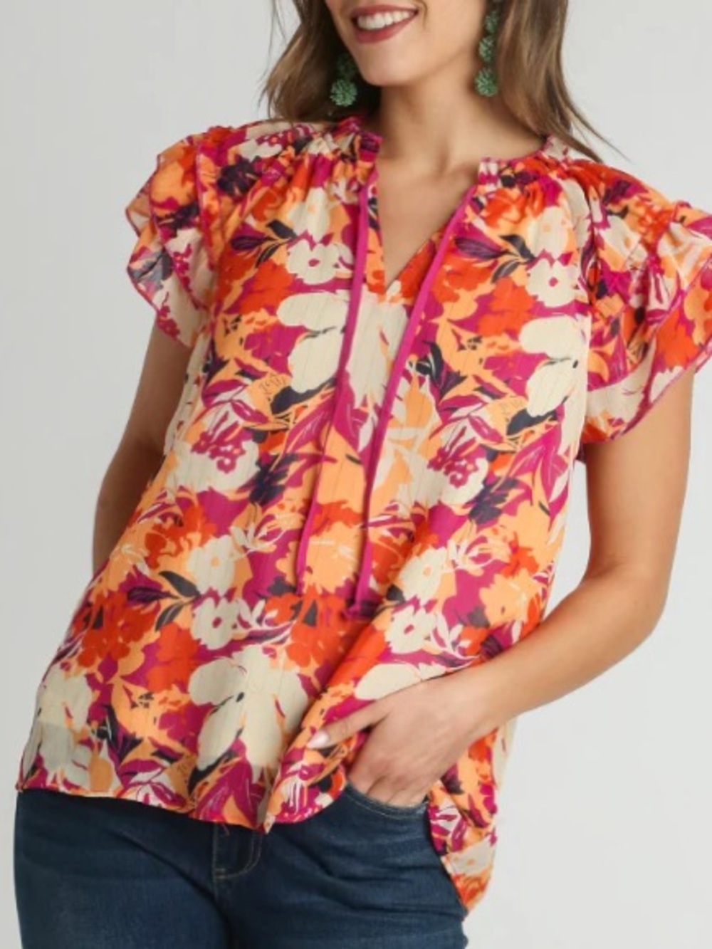 Umgee Pink & Orange Floral Ruffle Blouse Size Large